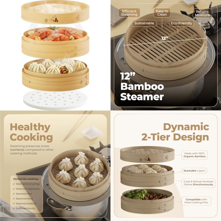 Bamboo Steamer Basket - 2-Tier - Bao Steamer Bamboo บทวิจารณ์และราคา